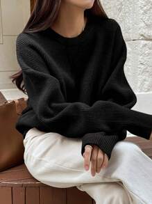 DAZY 纯色落肩毛衣，秋装 - 黑色 - 查看 3