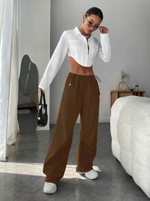 EURMUSE Ladies' Drawstring Waist Wide Leg Pants - Brown - View 3