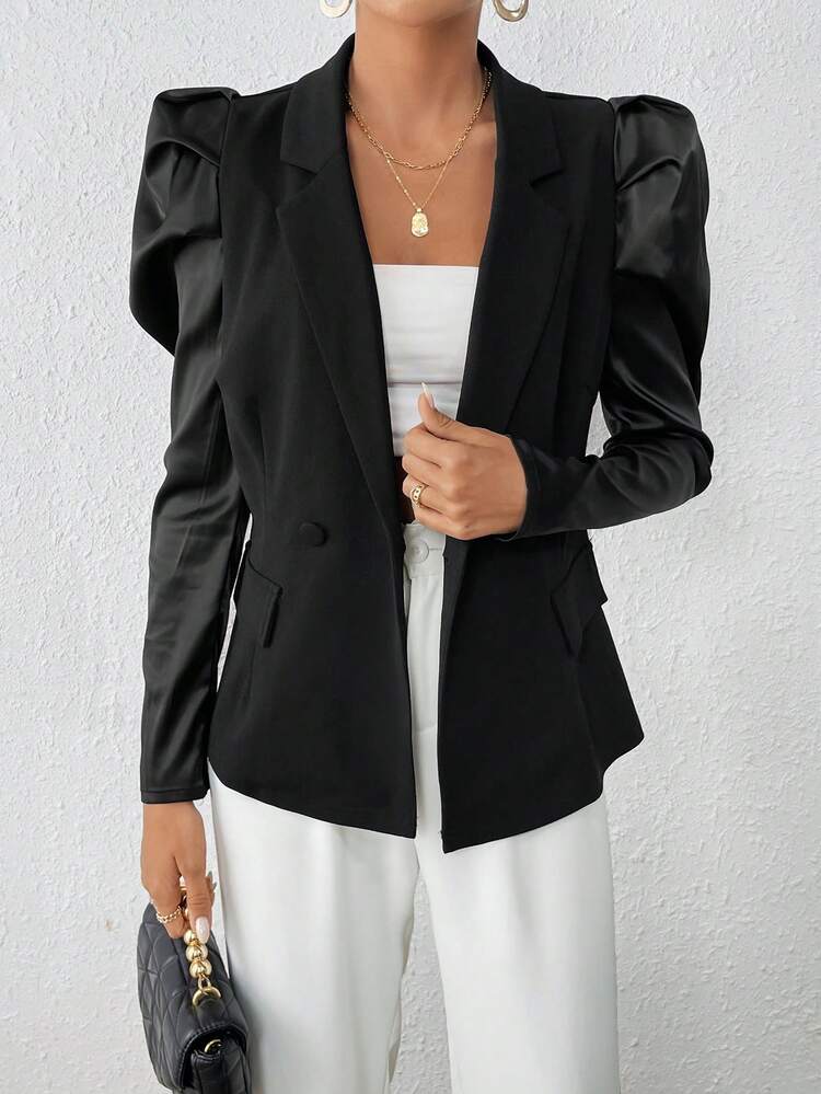 Women's Turn-down Collar Puff Sleeve Double Breasted Blazer Jacket