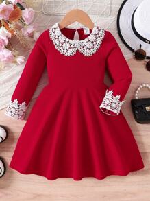 SHEIN Young Girl Patchwork Lace Dress - Burgundy - View 1