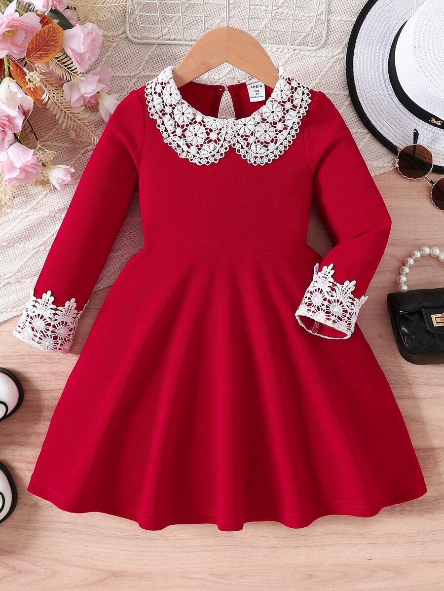 SHEIN Young Girl Patchwork Lace Dress - Burgundy - View 1