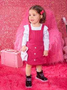 女嬰荷葉邊T恤&口袋貼布背帶洋裝＆ 頭巾 - 彩色 - 查看 1