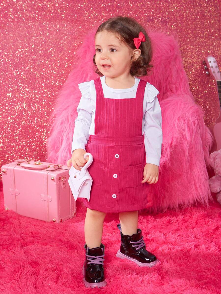 女嬰荷葉邊T恤&口袋貼布背帶洋裝＆ 頭巾 - 彩色 - 查看 1