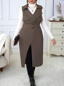 Calvaya Plus Size Double Breasted Belted Sleeveless Trench Coat - Coffee Brown - View 6