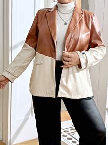 SHEIN Essnce Plus Two Tone Single Button PU Leather Blazer - Multicolor - View 3