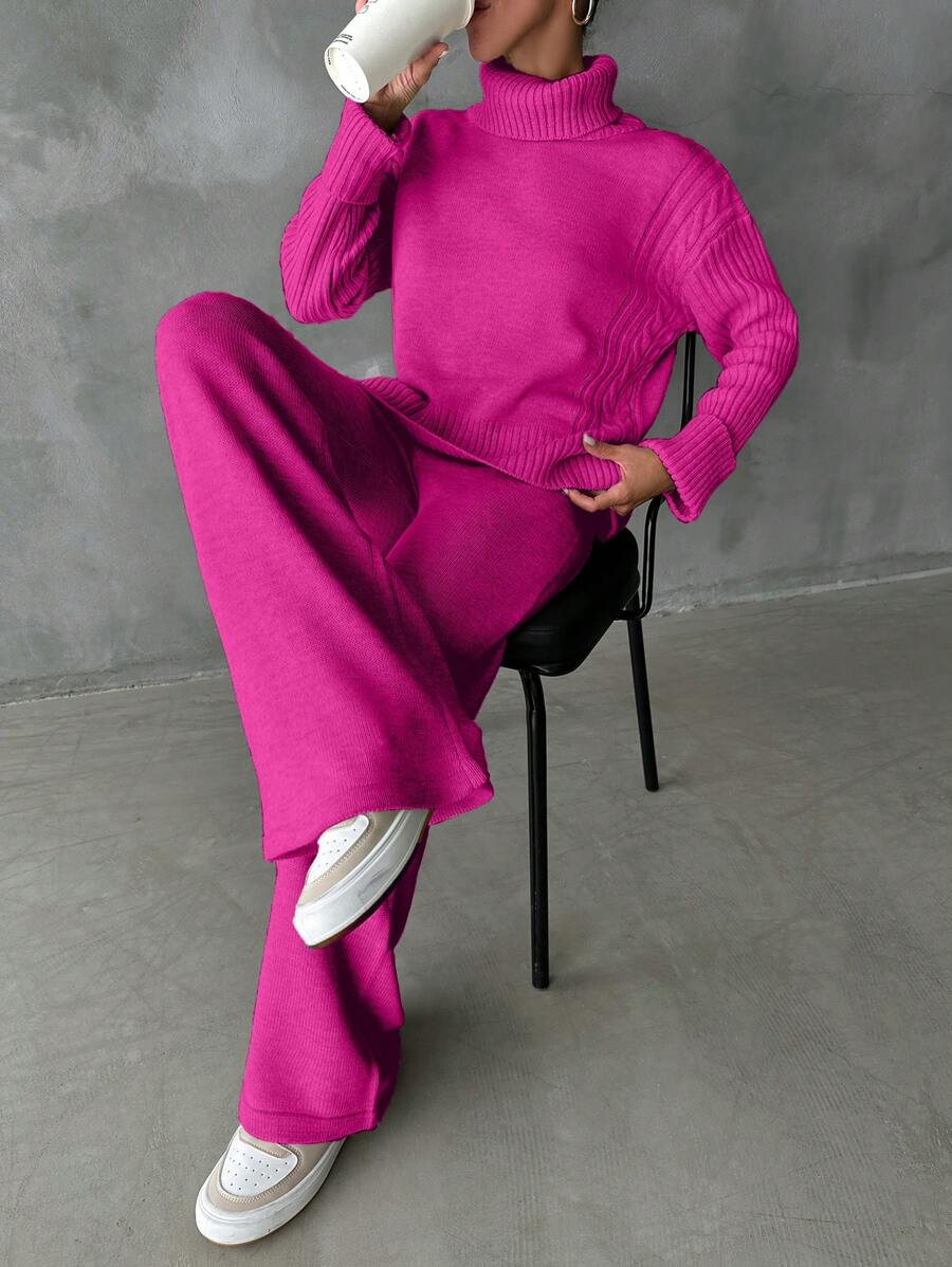 EURMUSE Damski Jednolity kolor Zabudowany pod szyją Długi Rękaw Swetry I Trykotowy Spodnie z szerokimi nogawkami Stroje dwuczęściowe Komplety Biżuterii