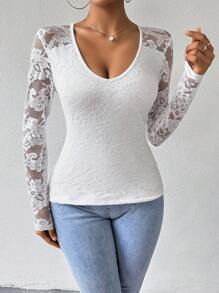 SHEIN Privé Top escote V con encaje - Blanco - Ver 5