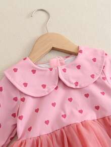 女嬰愛心圖案彼得潘領荷葉袖網紗邊洋裝 - 粉色 - 查看 7