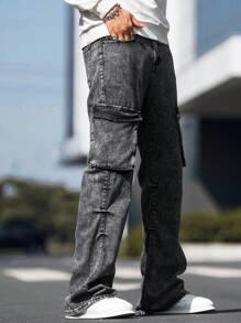 Manfinity Roghcode Men's Cargo Jeans Baggy Long Acid Wash Jean Plain Dark Grey Party Y2K Rapper - Grey - View 4