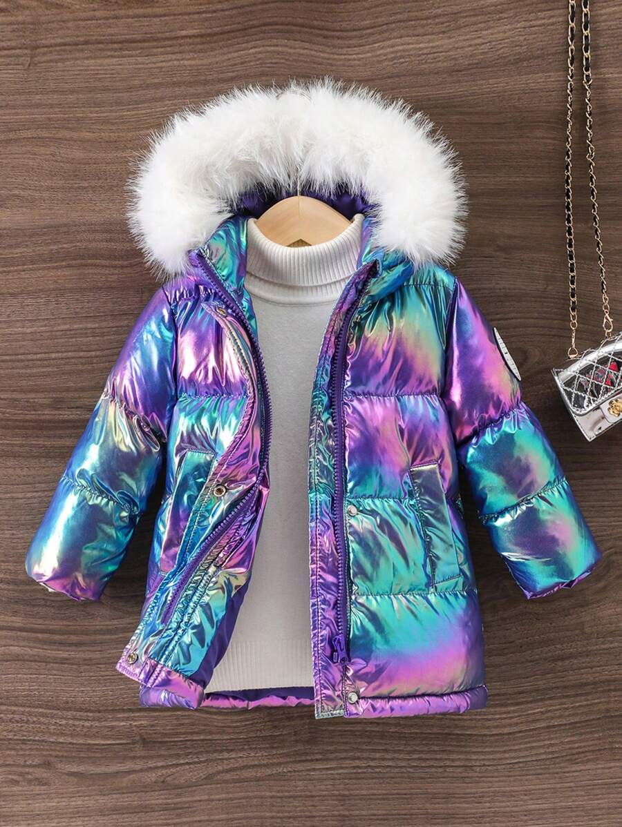 SHEIN Baby Girl Holographic Fuzzy Trim Hooded Padded Coat Without Sweater