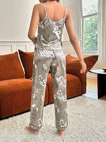 Floral Print Contrast Piping Satin PJ Set - Grey - View 2