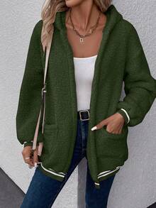 SHEIN LUNE Dual Pocket Striped Trim Hooded Teddy Coat - Army Green - View 5