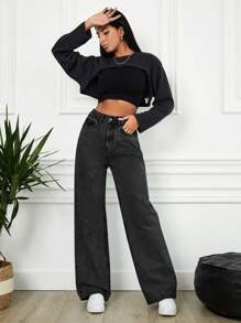 SHEIN Cottnline Women's Straight Leg Jeans - Dark Grey - View 3