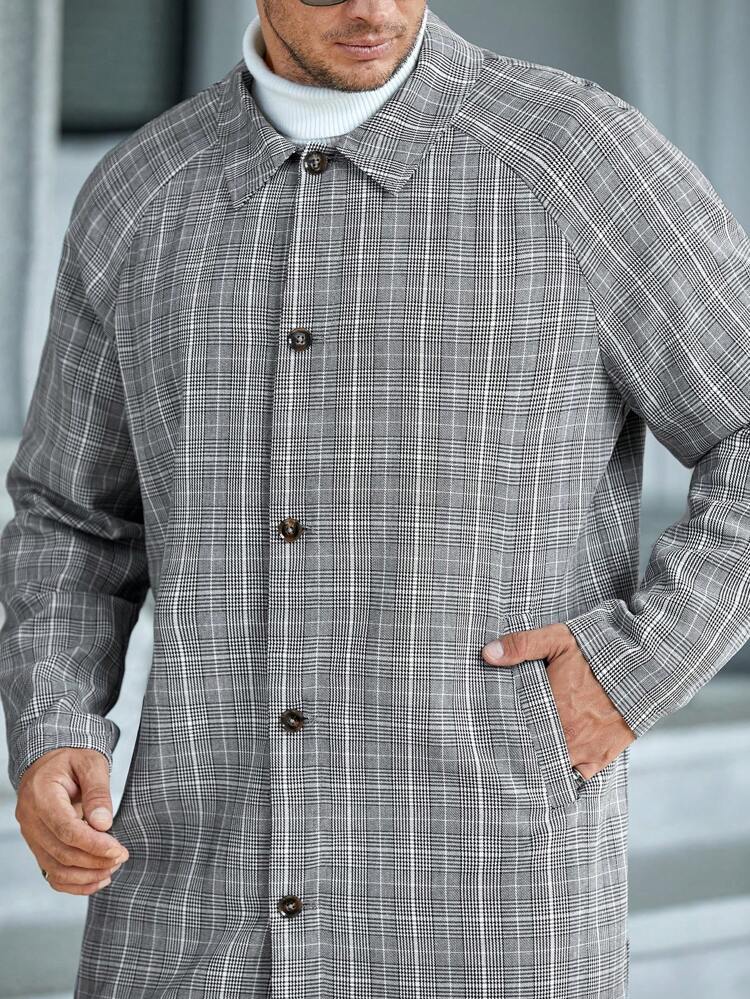 Loose Fit Men Plus Size Plaid Print Raglan Sleeve Coat, For Fall Winter