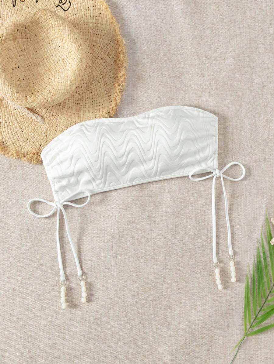 SHEIN Swim White Strapless Bandeau Bikini Top With Bow Decoration - White - View 1
