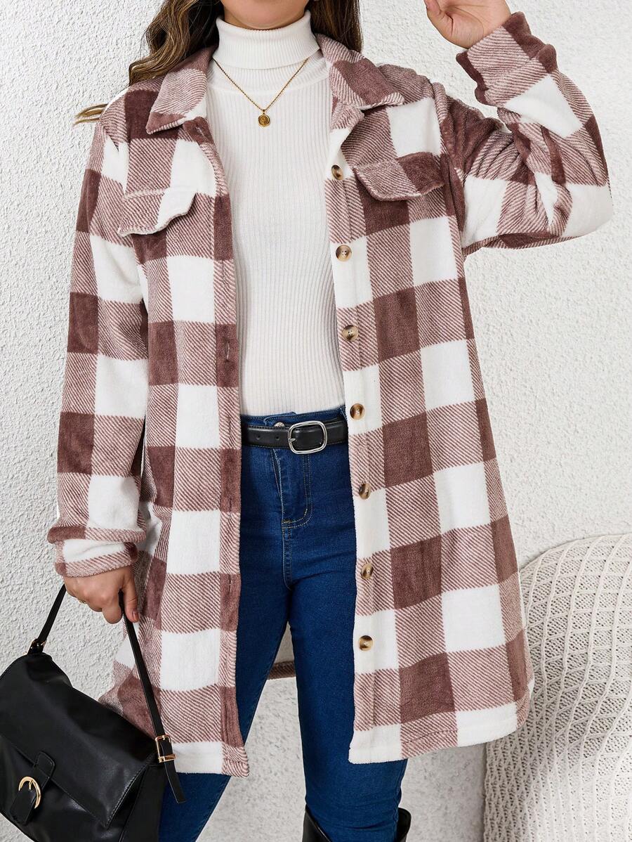 SHEIN LUNE 大碼格紋印花落肩袖翻蓋細節法蘭絨格子衫洋裝 - 彩色 - 查看 1