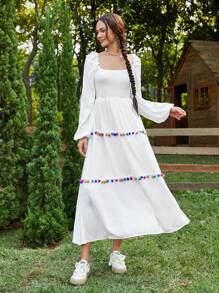 SHEIN WYWH 女式方領燈籠袖裹身連身裙 - 白色 - 查看 4