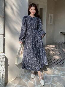 Dazy Star Ditsy Floral Print Flare Sleeve Dress,Ruffle,Fall Clothes - Royal Blue - View 7