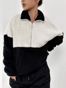 SHEIN EZwear 雙色半拉鏈落肩袖運動衫 - 黑與白 - 查看 5