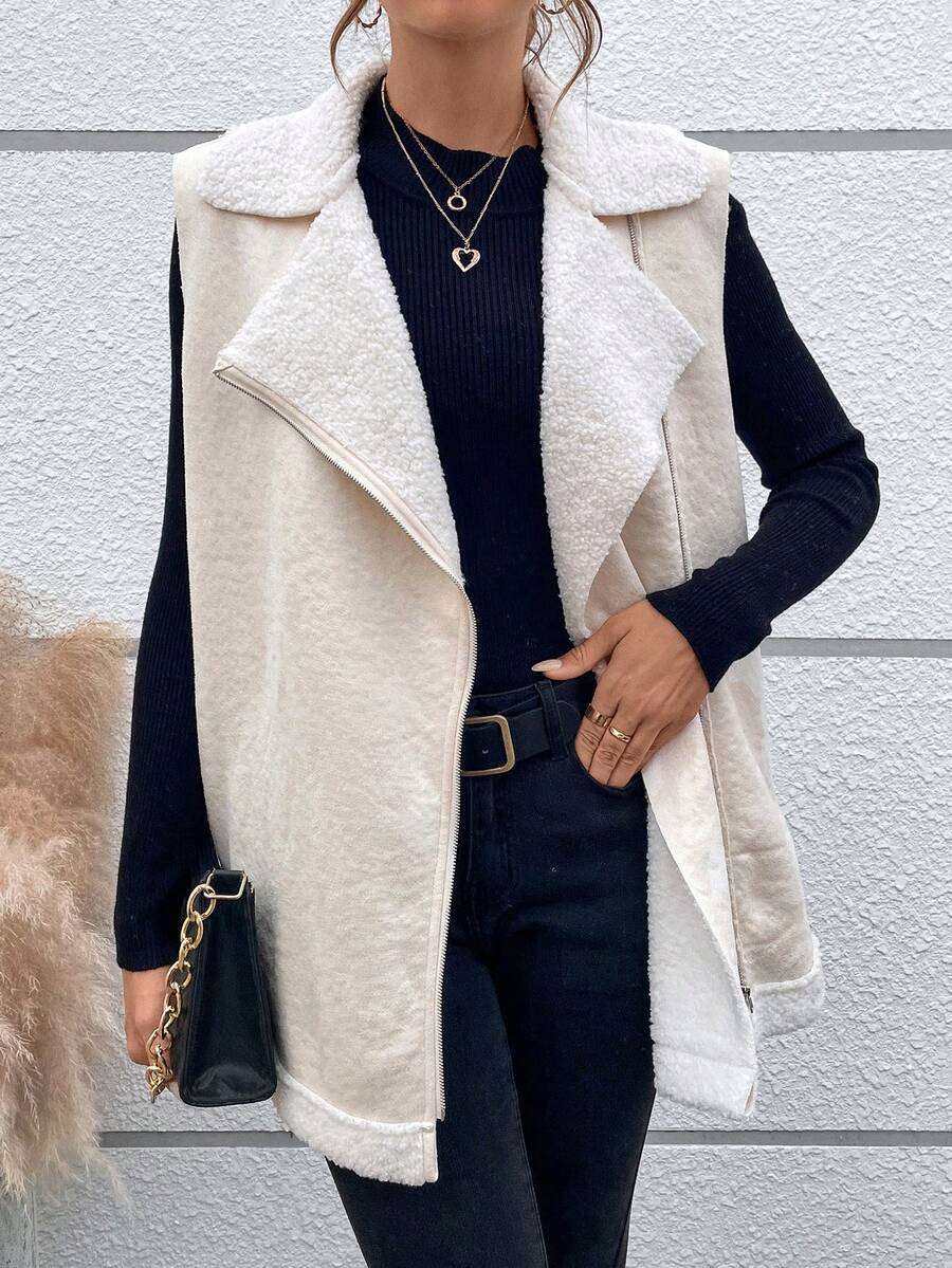 SHEIN LUNE Patchwork Plush Fabric Zipper-up Sleeveless Vest Jacket - Apricot - View 1