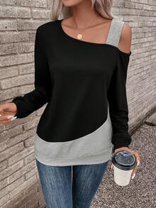 SHEIN LUNE 不对称拼色露肩灯笼袖运动衫 - 彩色 - 查看 3