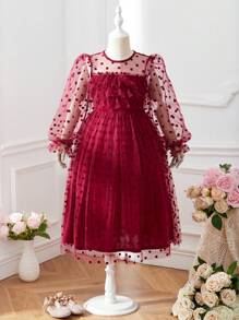 十幾歲女孩短款綢緞天鵝絨圓領網紗裙,純色款式 - 酒紅色 - 查看 1