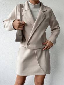 EURMUSE Lapel Neck Crop Blazer & Button Front Skirt - Beige - View 5