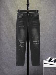 SHEIN Tween Boys' New Fashion Cool Street Style Ripped Black Jeans With Splatter Paint - Black - View 3