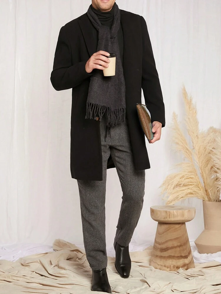 Loose Fit Men's Lapel Neck Solid Color Overcoat Without Scarf