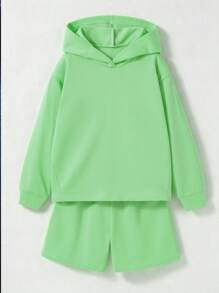 2 件套青少年男孩运动纯色连帽长袖运动衫和短裤，春秋季 - 綠色 - 查看 1