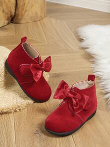 女孩秋天和冬天時尚紅色的絲絨復古基本學校靴子孩子們的可愛蝴蝶結嬰兒風格短靴 - 紅色 - 查看 4