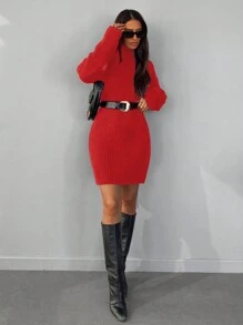 EURMUSE Vestido Estilo Suéter Con Cuello Alto Y Hombros Caídos Sin Cinturón - Rojo - Ver 4