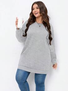 SHEIN LUNE Plus Size Solid Color Drop Shoulder Mesh Contrast Sweatshirt - Grey - View 4