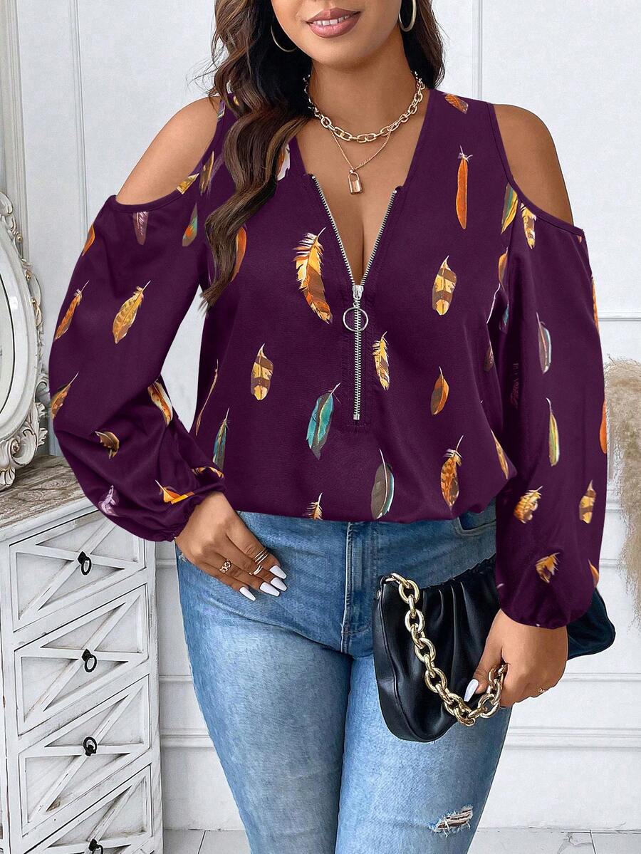 Celure Plus Feather Print Cold Shoulder O-ring Zipper Front Blouse - Purple - View 1