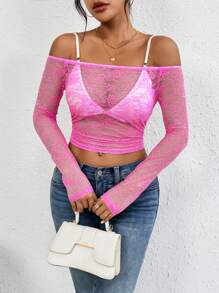 Allurite 一字肩短款蕾絲上衣不附胸罩 - 玫紅色 - 查看 1