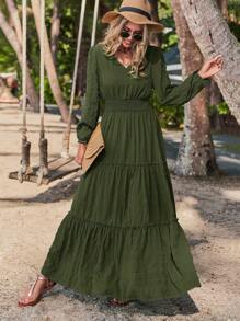 SHEIN LUNE Sólido Bainha Com Babado Vestido Linha A - Verde Militar - Visão 1