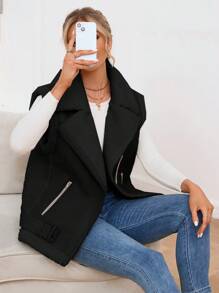 SHEIN Essnce 女士毛皮外套配皮革背心 - 黑色 - 查看 5