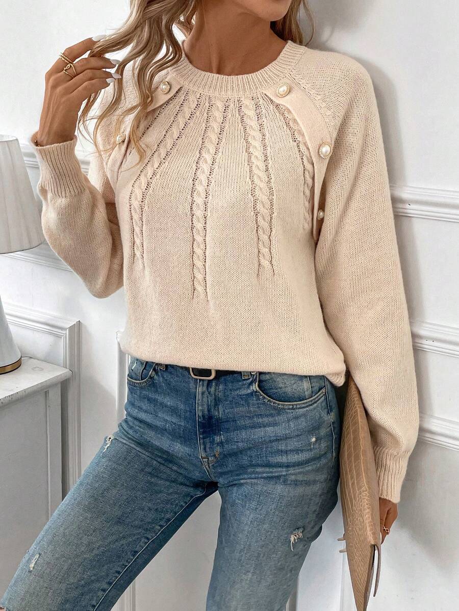 SHEIN Frenchy 麻花編織插肩袖套頭毛衣 - 杏色 - 查看 1