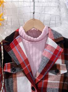 SHEIN 適合青少年女孩的格紋翻領馬甲套裝,配帶腰帶外套和純色高領t恤 - 粉色 - 查看 5