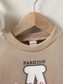 Baby Girls' Fashionable Casual Round Neck English Letter Printed Sweatshirt - Khaki - View 5