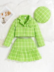 SHEIN Tween 女童格子粗花呢时尚奢华夹克和百褶裙两件套 - 綠色 - 查看 1