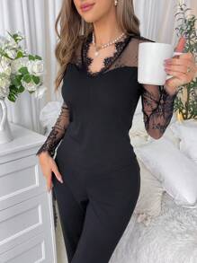 Lace Decorated Ruffled Hem Pajamas Set - Black - View 5