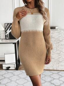 SHEIN Essnce 女性撞色針織毛衣洋裝 - 卡其色 - 查看 6