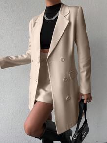 EURMUSE Women's Lapel Collar Single Breasted Blazer Suit Set - Beige - View 4