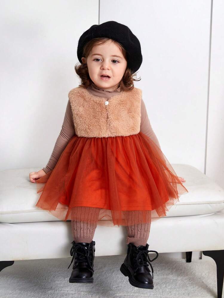 Baby Girl Solid Tee & Mesh Overlay Dress