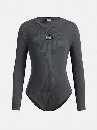 SHEIN Tween Girl Vintage Minimalist Knitted Solid-Colored Long Sleeve Bodysuit With Round Neck For Street Style