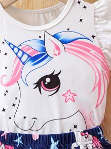 SHEIN Cô Gái Trẻ Kỳ lân in Viền Ruffle Áo thun & Ngôi sao Quần short - Nhiều màu - Xem 5