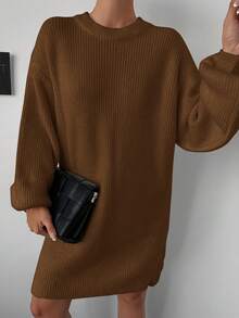 EURMUSE Women's Round Neck Solid Color Drop Shoulder Sweater Dress - Rust Brown - View 4