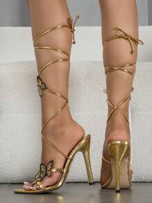 女士高跟尖头金属蛇纹蝴蝶花卉绑带凉鞋，适合户外及时尚场合，如情人节、春夏装扮 - 金色 - 查看 3