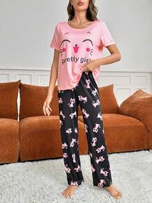 Women's Cartoon Letter Print Pajama Set - Pink - View 4